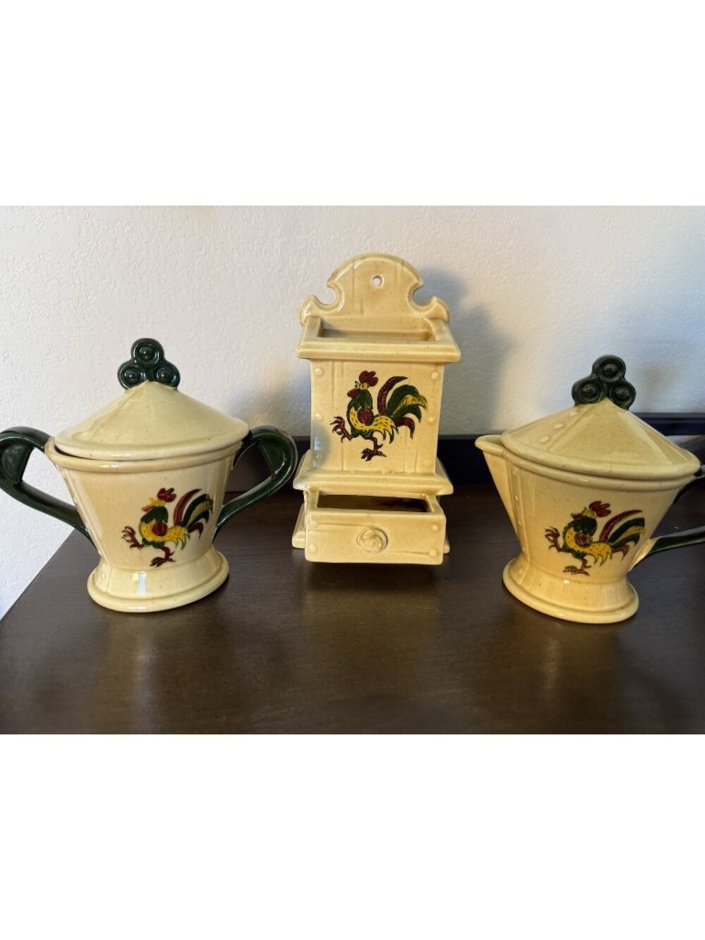 Metlox Poppytrail California ROOSTER CREAMER & SUGAR w/LIDS, & WALL MOUNT MATCH